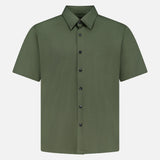 The THEORY Irving Short Sleeve Structure Shirt is an olive green, collared, wrinkle-free button-up displayed on a plain white background.