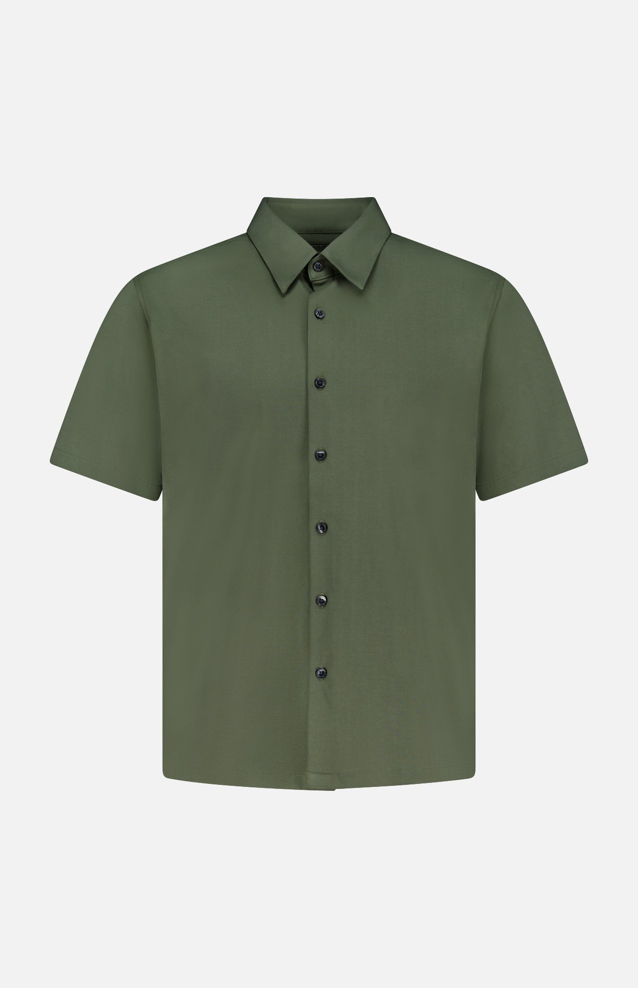 The THEORY Irving Short Sleeve Structure Shirt is an olive green, collared, wrinkle-free button-up displayed on a plain white background.