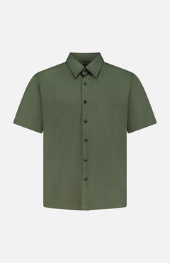 The THEORY Irving Short Sleeve Structure Shirt is an olive green, collared, wrinkle-free button-up displayed on a plain white background.
