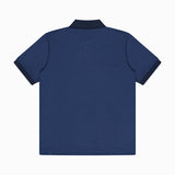 Back view of the Jacquard Geo Polo Shirt by THEORY, featuring a slim fit, short sleeves, blue fabric, black collar, and black sleeve cuffs, laid flat on a white background.