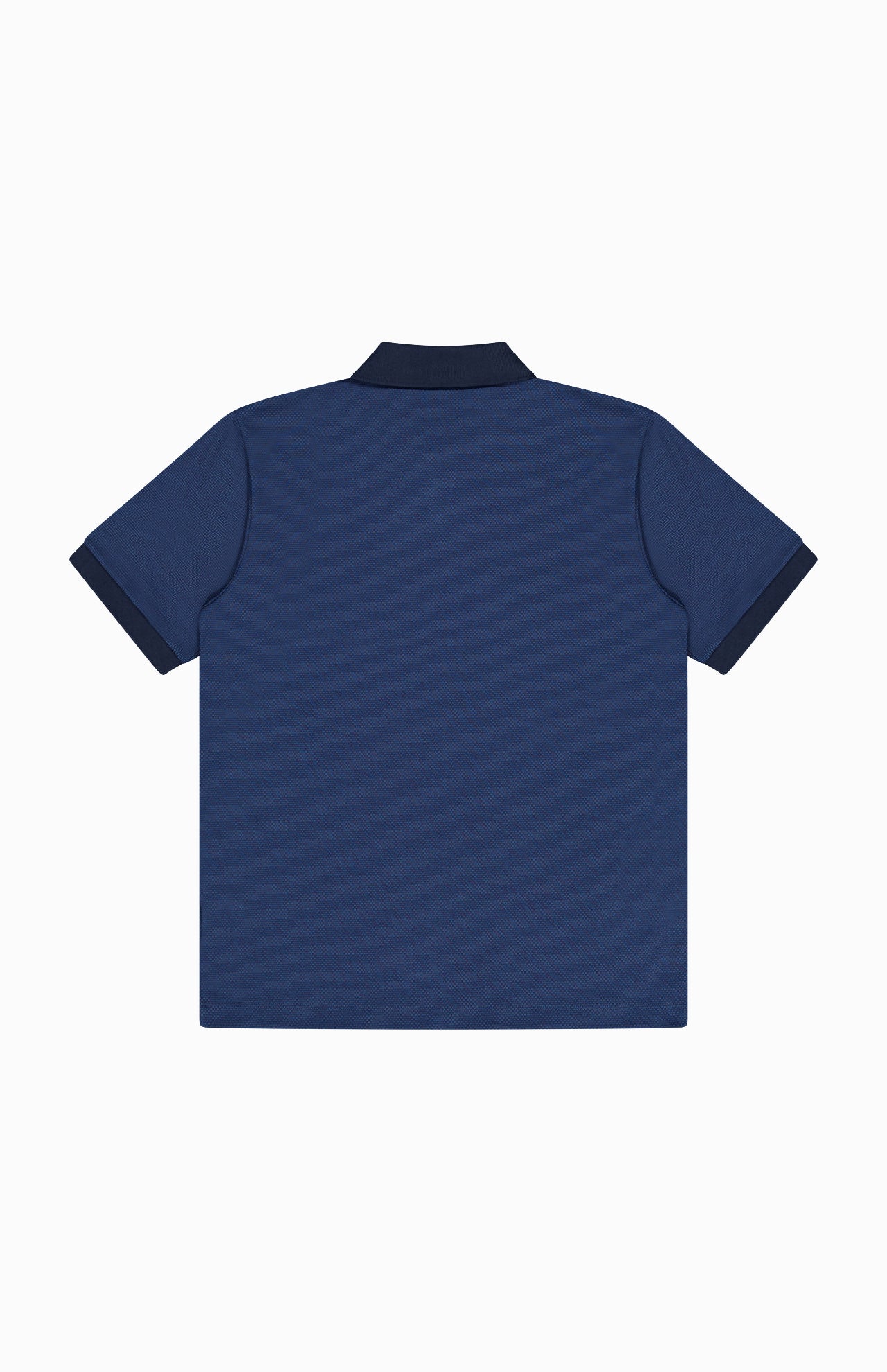 Back view of the Jacquard Geo Polo Shirt by THEORY, featuring a slim fit, short sleeves, blue fabric, black collar, and black sleeve cuffs, laid flat on a white background.