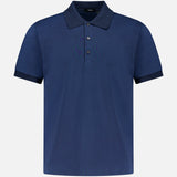 The THEORY Jacquard Geo Polo Shirt is a navy blue slim fit with short sleeves, a collar, and three buttons, displayed on a plain light gray background.