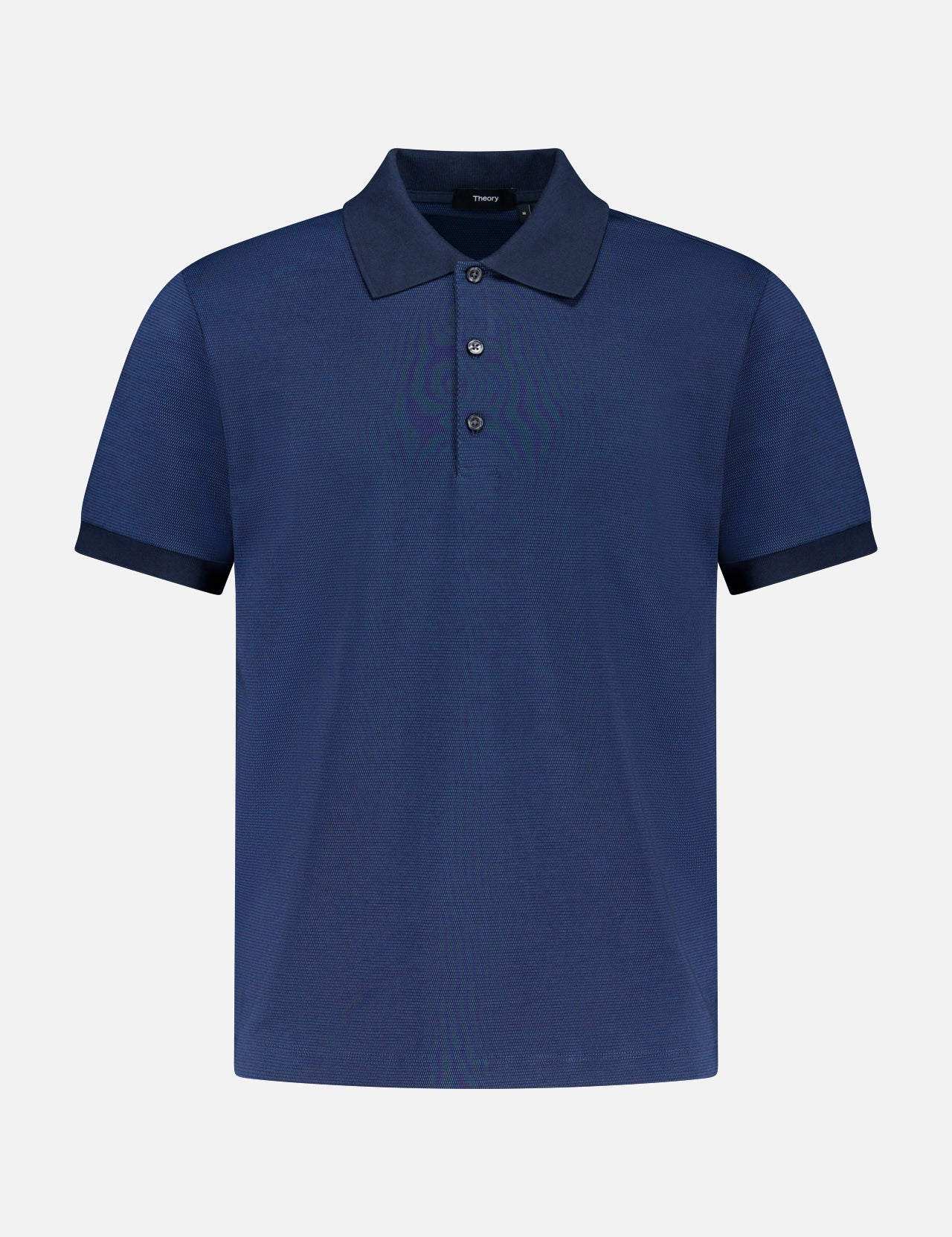 The THEORY Jacquard Geo Polo Shirt is a navy blue slim fit with short sleeves, a collar, and three buttons, displayed on a plain light gray background.