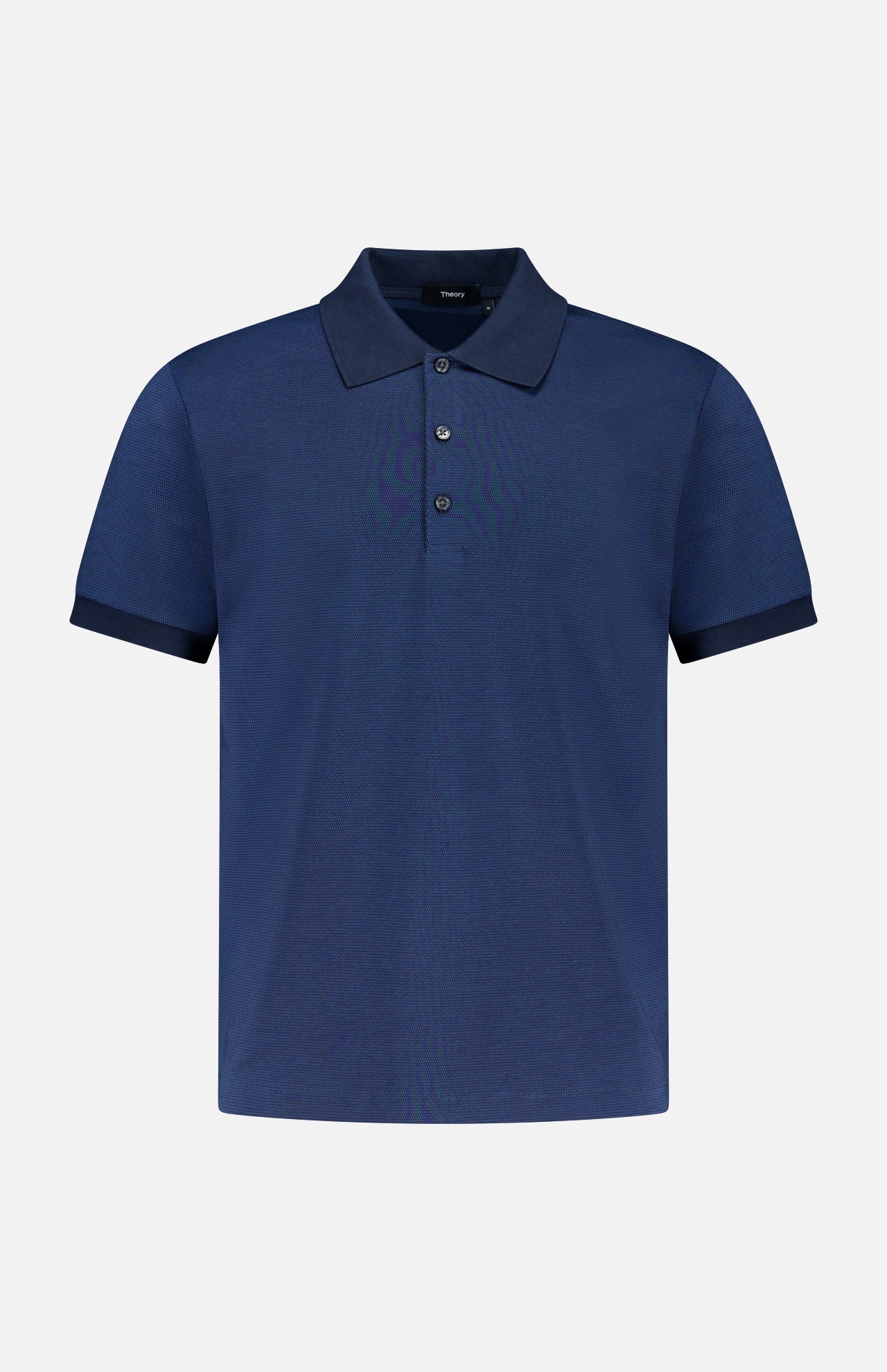 The THEORY Jacquard Geo Polo Shirt is a navy blue slim fit with short sleeves, a collar, and three buttons, displayed on a plain light gray background.