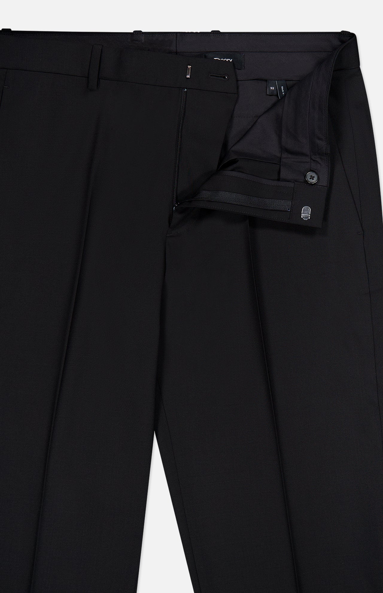 A pair of THEORY Mayer Pant in Stretch Wool in black, featuring a slim fit with the fly open to reveal the zipper, button, and interior waistband details against a plain white background.