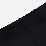 Close-up of the waistband and upper section of the THEORY Mayer Pant in Stretch Wool, showcasing expertly crafted Italian wool suiting with belt loops and a clean, smooth finish.