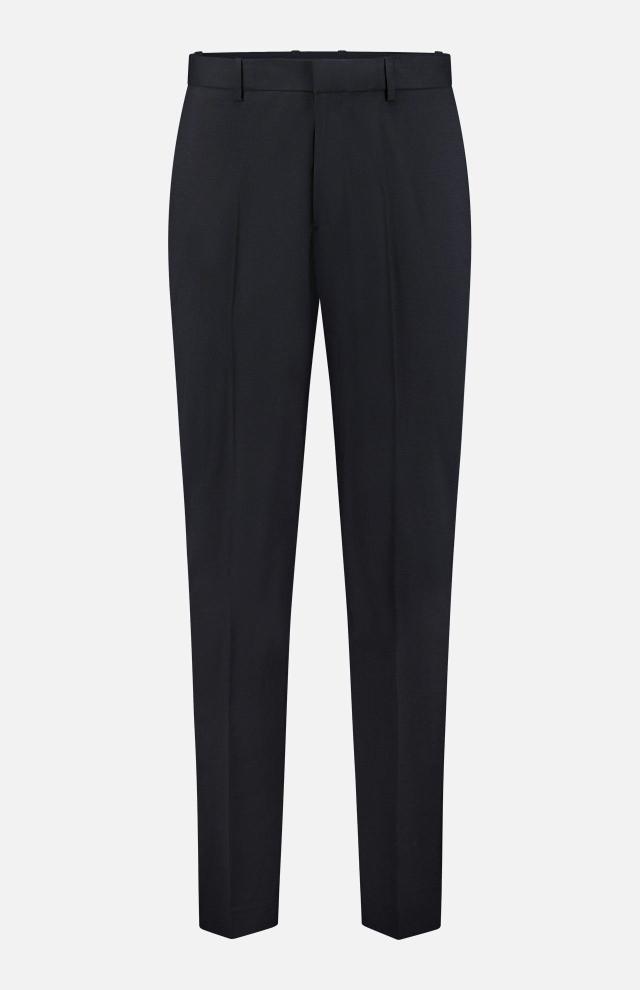 The Mayer Pant in Stretch Wool by THEORY is a pair of slim-fit black trousers, expertly tailored from premium Italian wool suiting, featuring belt loops and a sharp front crease, showcased against a plain white background.