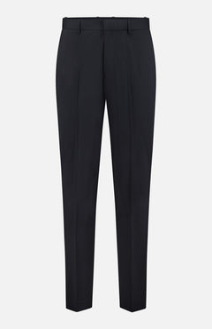 The Mayer Pant in Stretch Wool by THEORY is a pair of slim-fit black trousers, expertly tailored from premium Italian wool suiting, featuring belt loops and a sharp front crease, showcased against a plain white background.