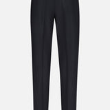 Back view of the THEORY Mayer Pant in Stretch Wool, tailored in refined Italian wool suiting with belt loops, two buttoned rear welt pockets, and a straight leg cut, displayed on a plain white background.