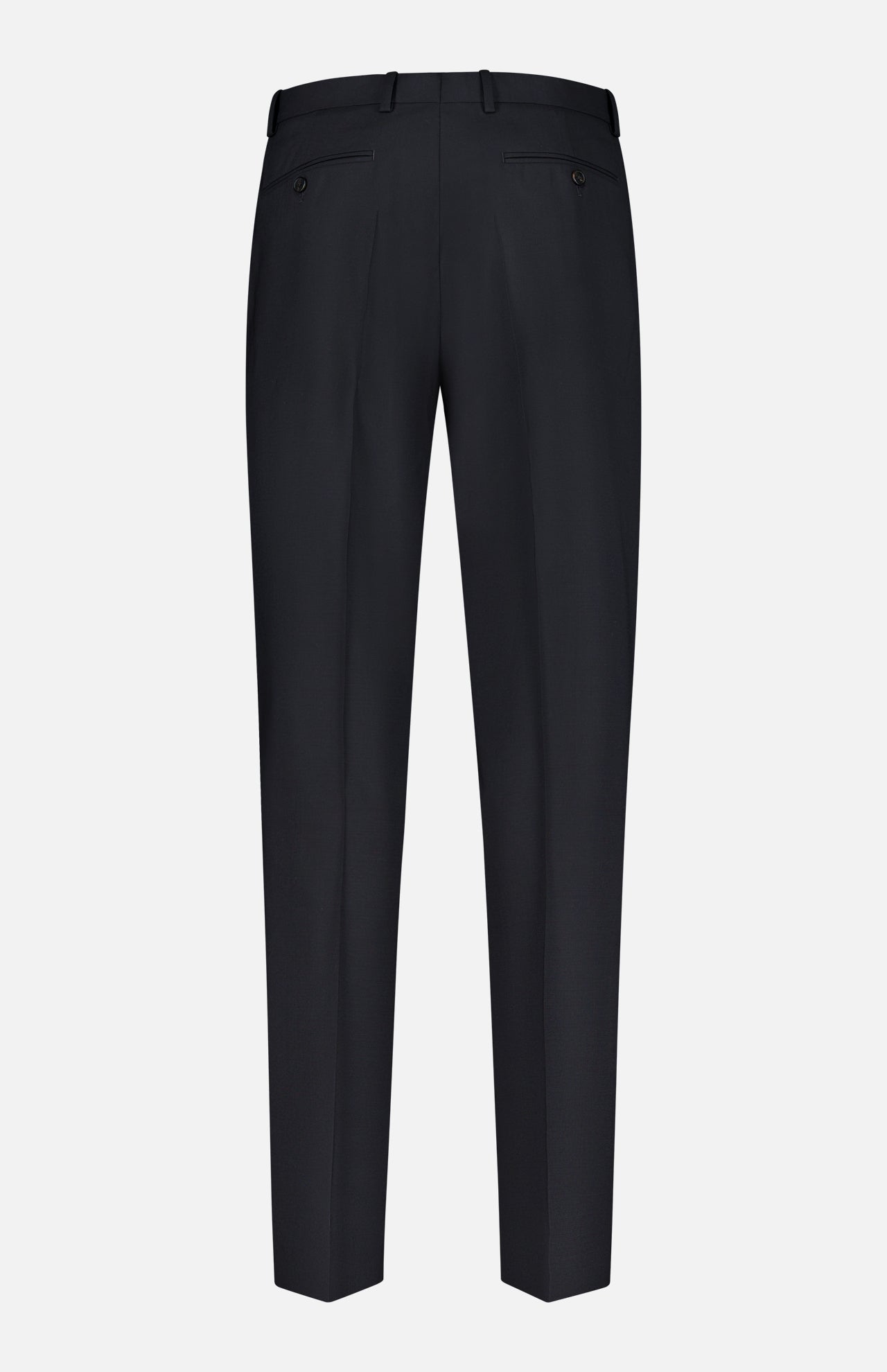 Back view of the THEORY Mayer Pant in Stretch Wool, tailored in refined Italian wool suiting with belt loops, two buttoned rear welt pockets, and a straight leg cut, displayed on a plain white background.