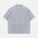The RAG & BONE Mini Tex Short Sleeve Shirt features a button-up design and small blue and white plaid texture, shown from the back against a white background—perfect for casual office wear.