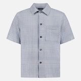 The RAG & BONE Mini Tex Short Sleeve Shirt features a blue and white checkered pattern, classic collar, front chest pocket, and button-up design, shown on a plain white background.