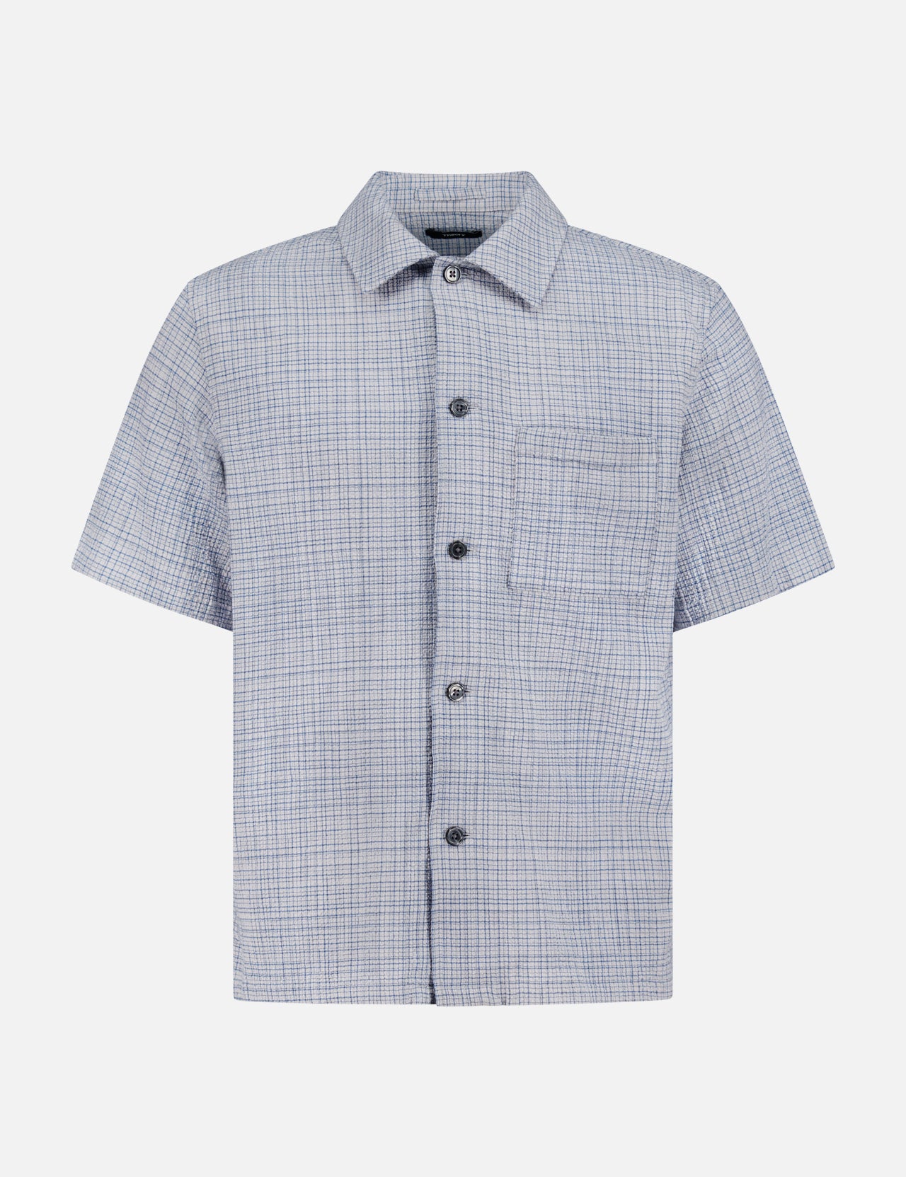 The RAG & BONE Mini Tex Short Sleeve Shirt features a blue and white checkered pattern, classic collar, front chest pocket, and button-up design, shown on a plain white background.