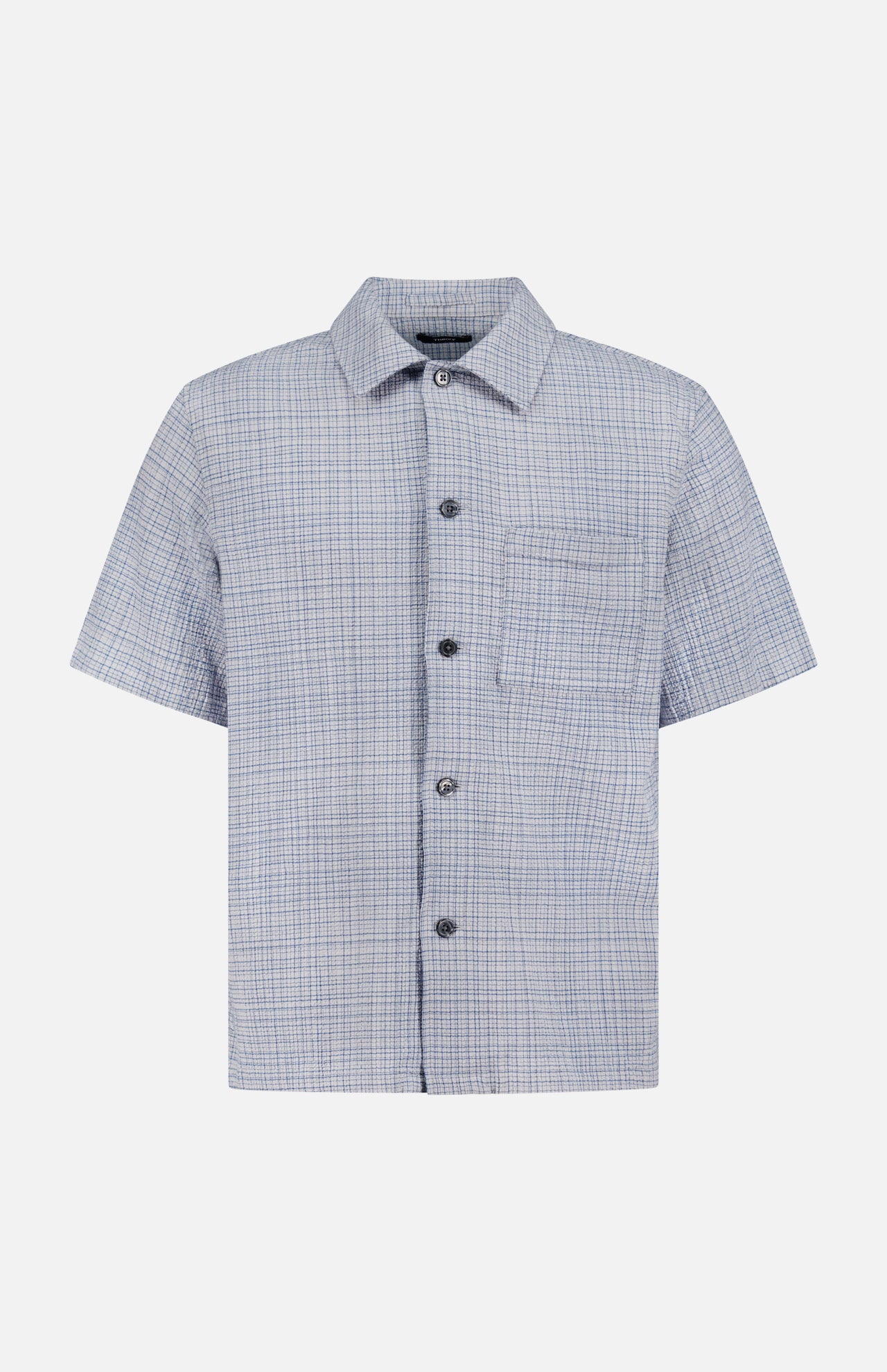 The RAG & BONE Mini Tex Short Sleeve Shirt features a blue and white checkered pattern, classic collar, front chest pocket, and button-up design, shown on a plain white background.