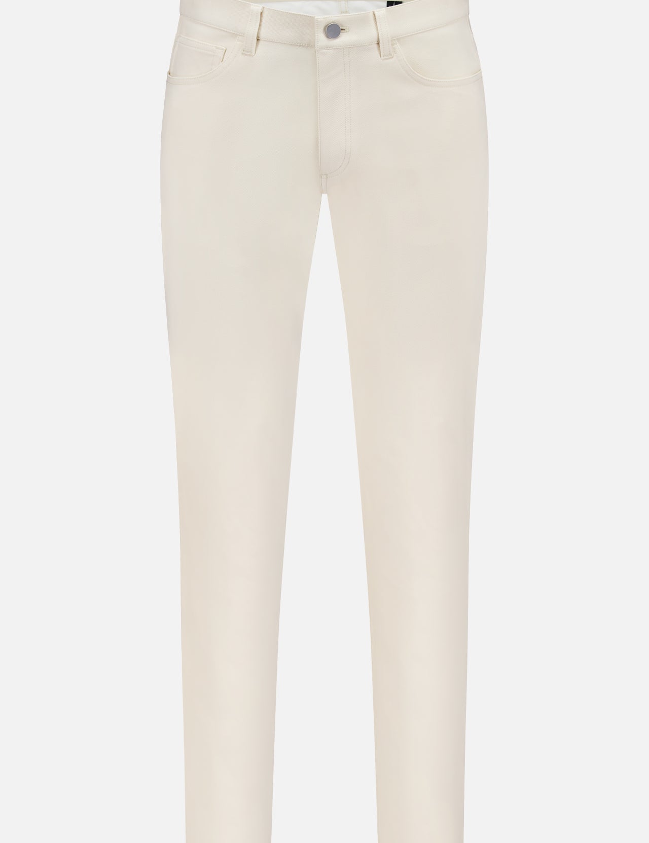 The THEORY Raffi Neoteric Twill Pants are high-waisted, slim-fit ivory 5-pocket pants with a button and zip closure, made from breathable performance fabric and shown against a white background.
