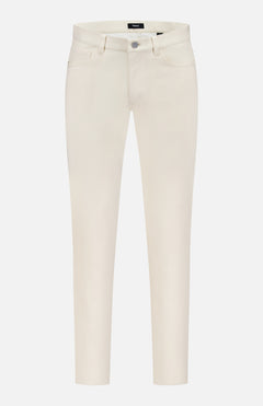 The THEORY Raffi Neoteric Twill Pants are high-waisted, slim-fit ivory 5-pocket pants with a button and zip closure, made from breathable performance fabric and shown against a white background.