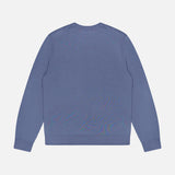 A Regal Crew Neck Sweater by THEORY, featuring long sleeves in a dusty blue shade, is displayed from the back against a white background.