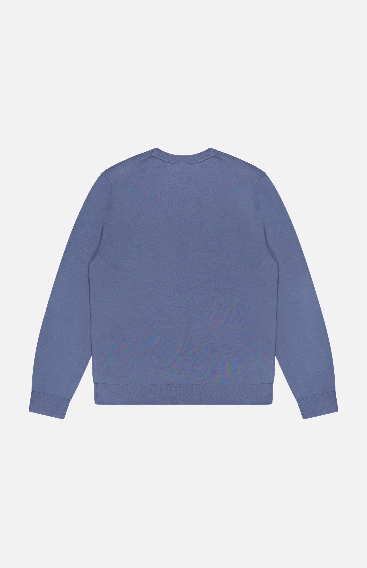 A Regal Crew Neck Sweater by THEORY, featuring long sleeves in a dusty blue shade, is displayed from the back against a white background.