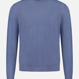 A THEORY Regal Crew Neck Sweater in dusty blue, featuring long sleeves and a classic crew neckline, is displayed on a white background.
