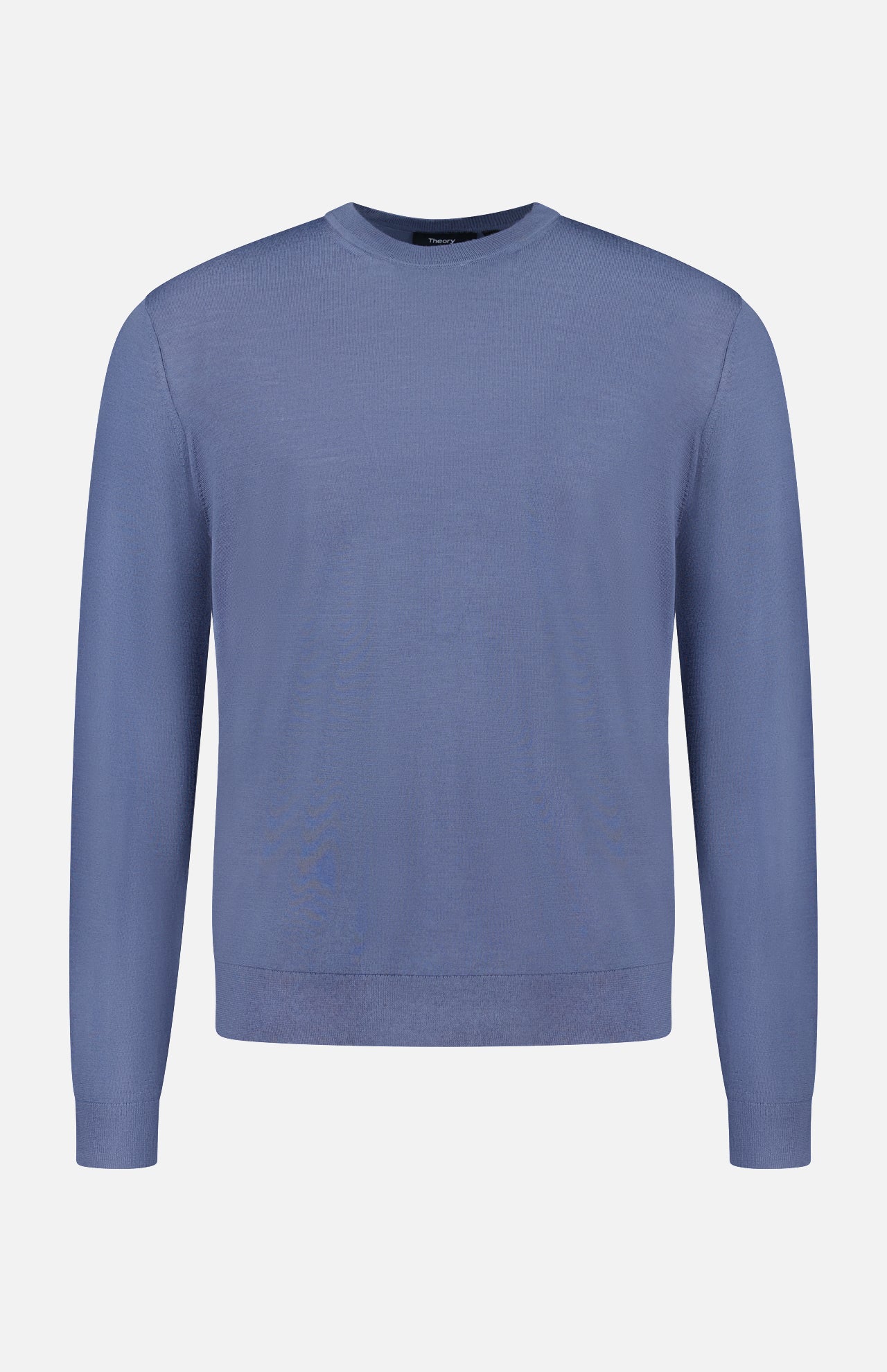 A THEORY Regal Crew Neck Sweater in dusty blue, featuring long sleeves and a classic crew neckline, is displayed on a white background.