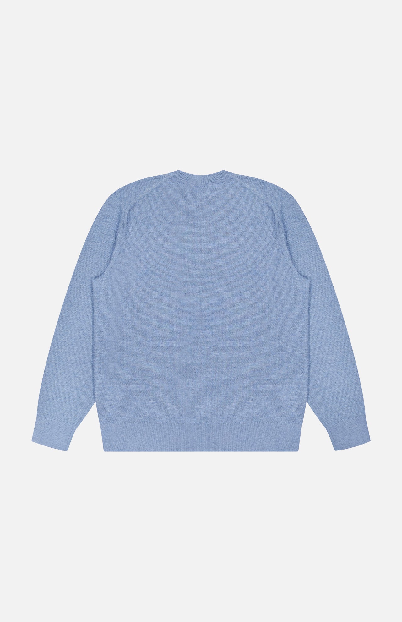 The THEORY Riland Crewneck Sweater in light blue is displayed laid flat on a plain white background, shown from the back. Made from a lightweight stretch knit, this long-sleeve pullover offers breathable comfort.
