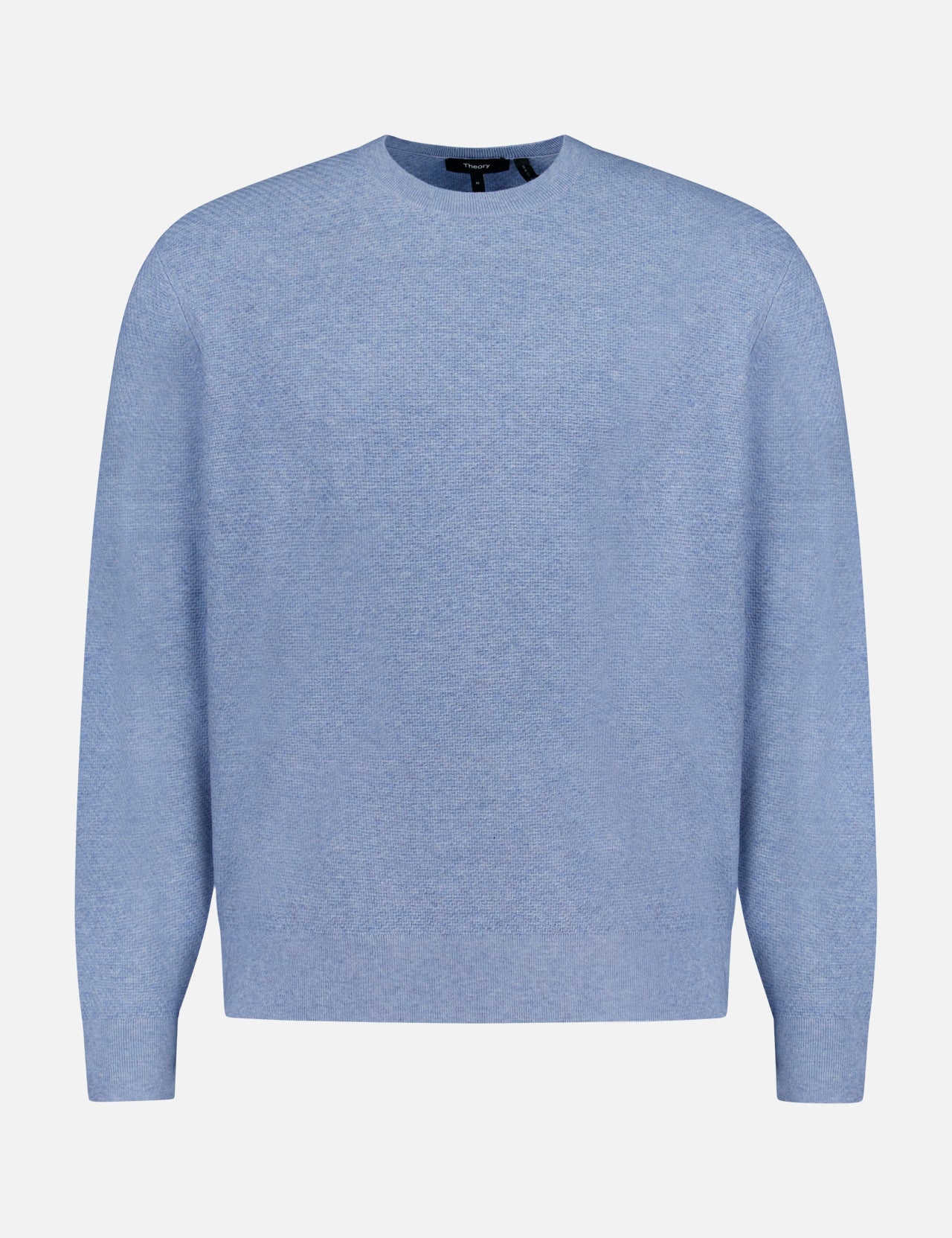The Riland Crewneck Sweater by THEORY is shown in light blue on a plain white background. Made from a lightweight stretch knit for breathable comfort, this long-sleeve pullover features a classic crew neckline and a minimalist design with no visible patterns, logos, or embellishments.