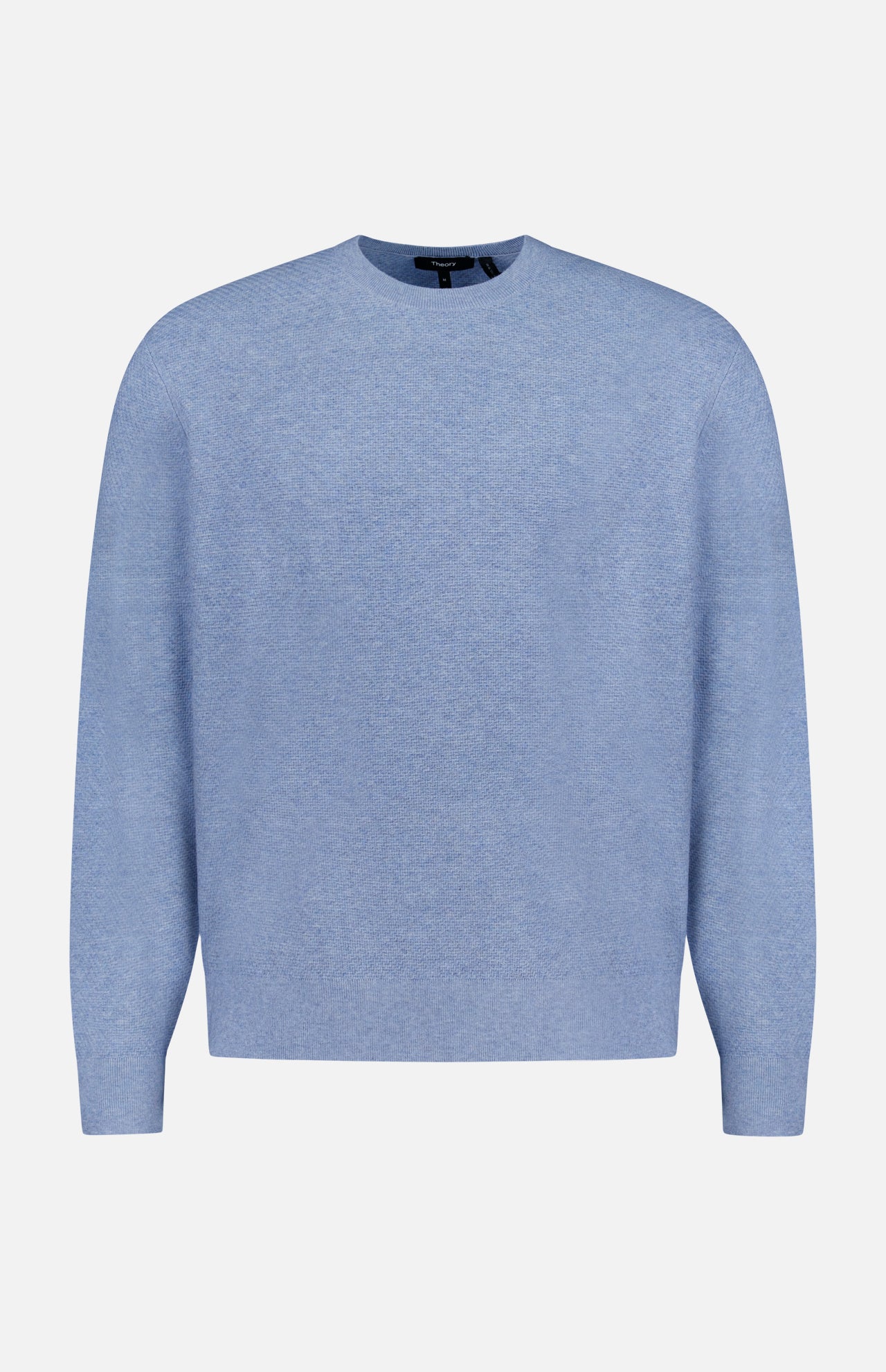 The Riland Crewneck Sweater by THEORY is shown in light blue on a plain white background. Made from a lightweight stretch knit for breathable comfort, this long-sleeve pullover features a classic crew neckline and a minimalist design with no visible patterns, logos, or embellishments.