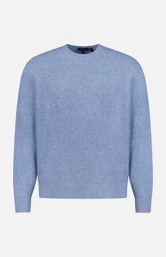The Riland Crewneck Sweater by THEORY is shown in light blue on a plain white background. Made from a lightweight stretch knit for breathable comfort, this long-sleeve pullover features a classic crew neckline and a minimalist design with no visible patterns, logos, or embellishments.