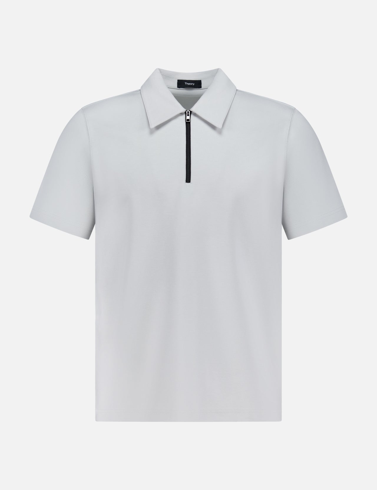 The THEORY Ryder 1/4 Zip Polo Shirt is made from viscose-blend jersey and features a rib knit collar, short sleeves, and a black quarter-zip closure, shown on a white background.