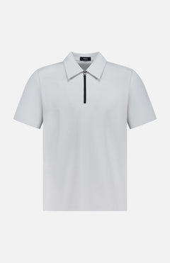 The THEORY Ryder 1/4 Zip Polo Shirt is made from viscose-blend jersey and features a rib knit collar, short sleeves, and a black quarter-zip closure, shown on a white background.