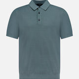 THEORY Silk Cotton Polo Shirt: short-sleeved, teal, with a collar and three-button placket, shown on a plain white background.