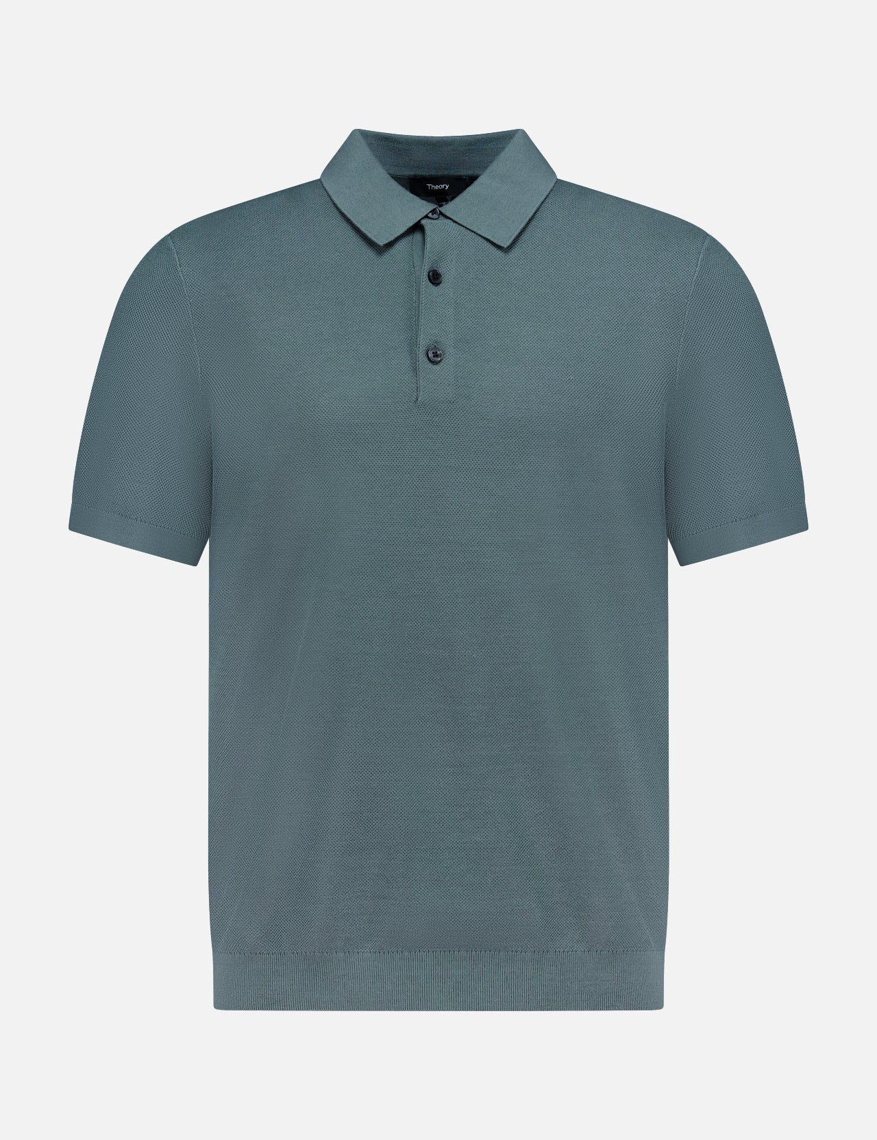 THEORY Silk Cotton Polo Shirt: short-sleeved, teal, with a collar and three-button placket, shown on a plain white background.