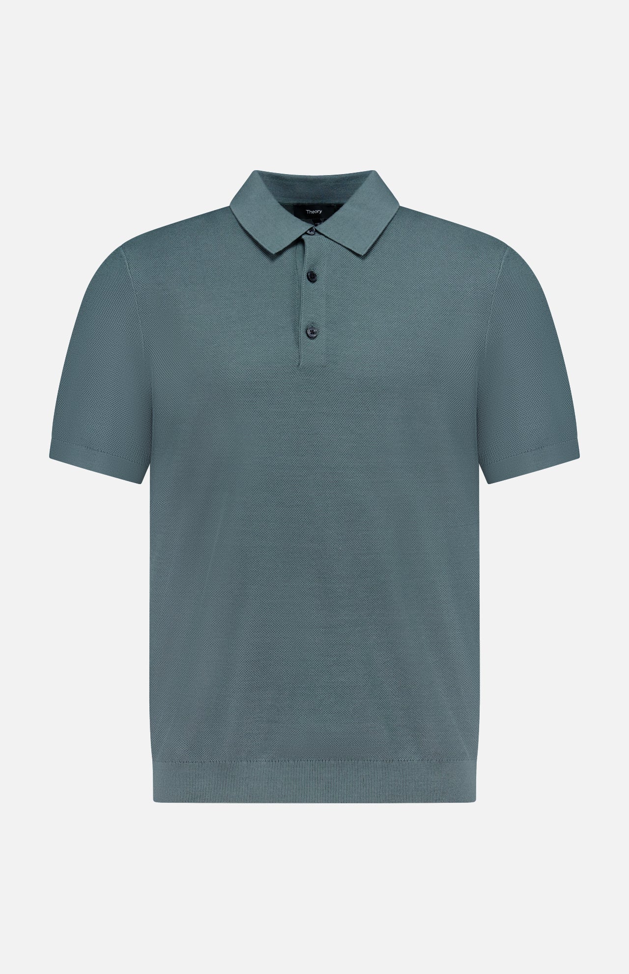 THEORY Silk Cotton Polo Shirt: short-sleeved, teal, with a collar and three-button placket, shown on a plain white background.