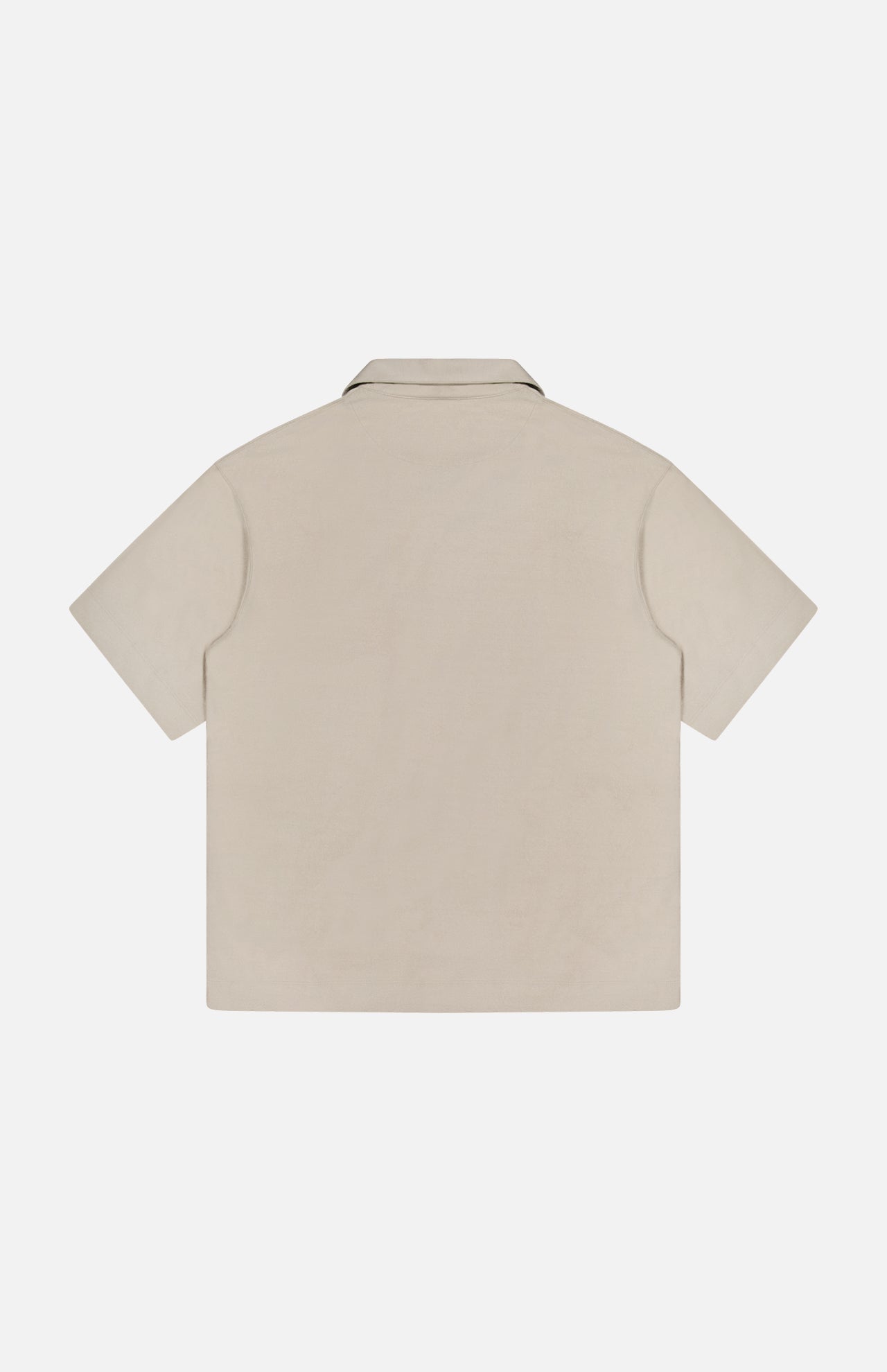The THEORY Soft Terry Short Sleeve Shirt is shown from the back in beige, featuring a plain design with no visible patterns or logos—a versatile collared option for any casual work wardrobe.