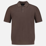 The THEORY Soris Short Sleeve Polo Shirt features a classic collar and two-button placket in brown knit fabric, shown against a plain white background—a versatile and refined men’s transitional shirt.