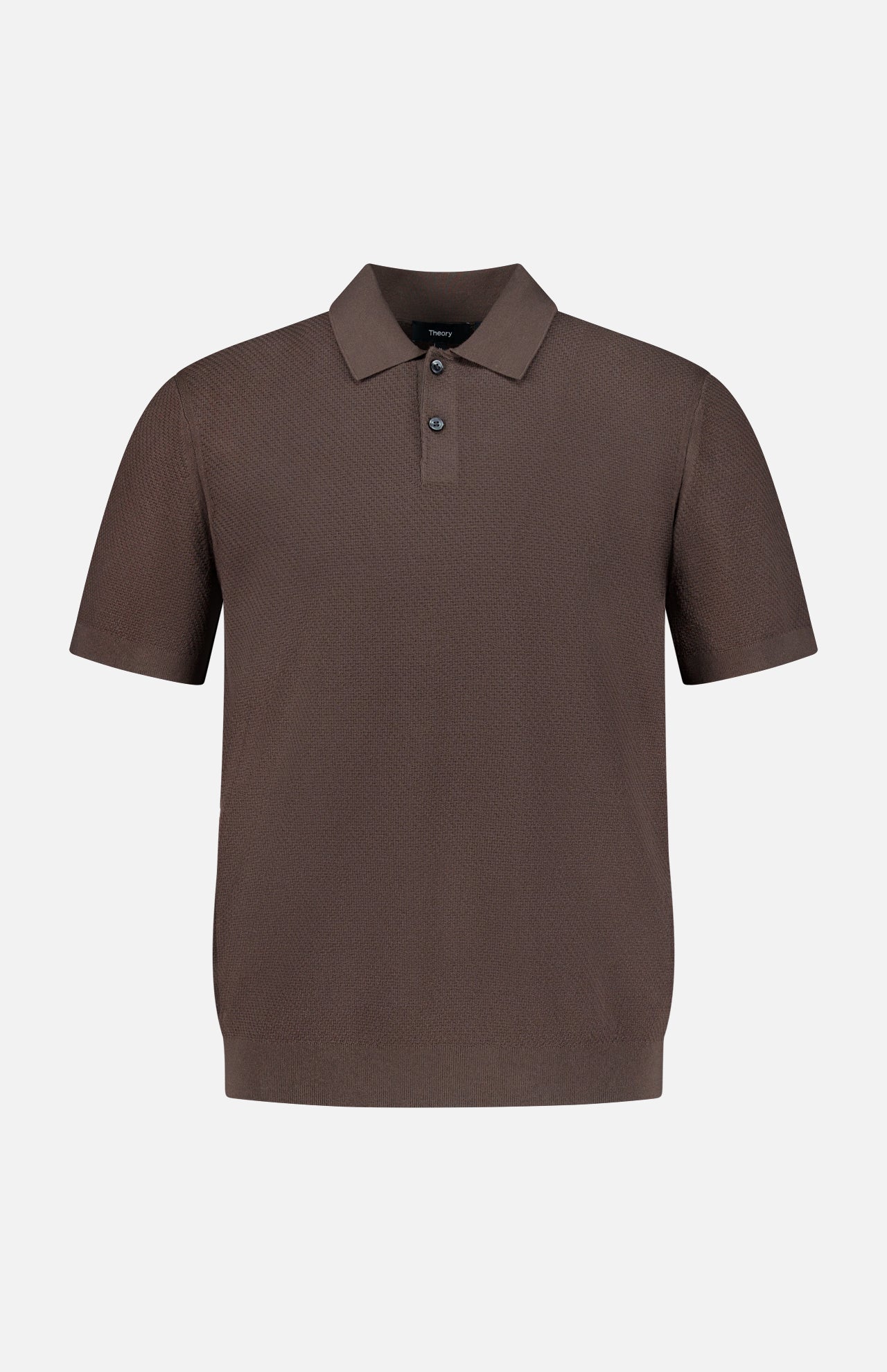 The THEORY Soris Short Sleeve Polo Shirt features a classic collar and two-button placket in brown knit fabric, shown against a plain white background—a versatile and refined men’s transitional shirt.