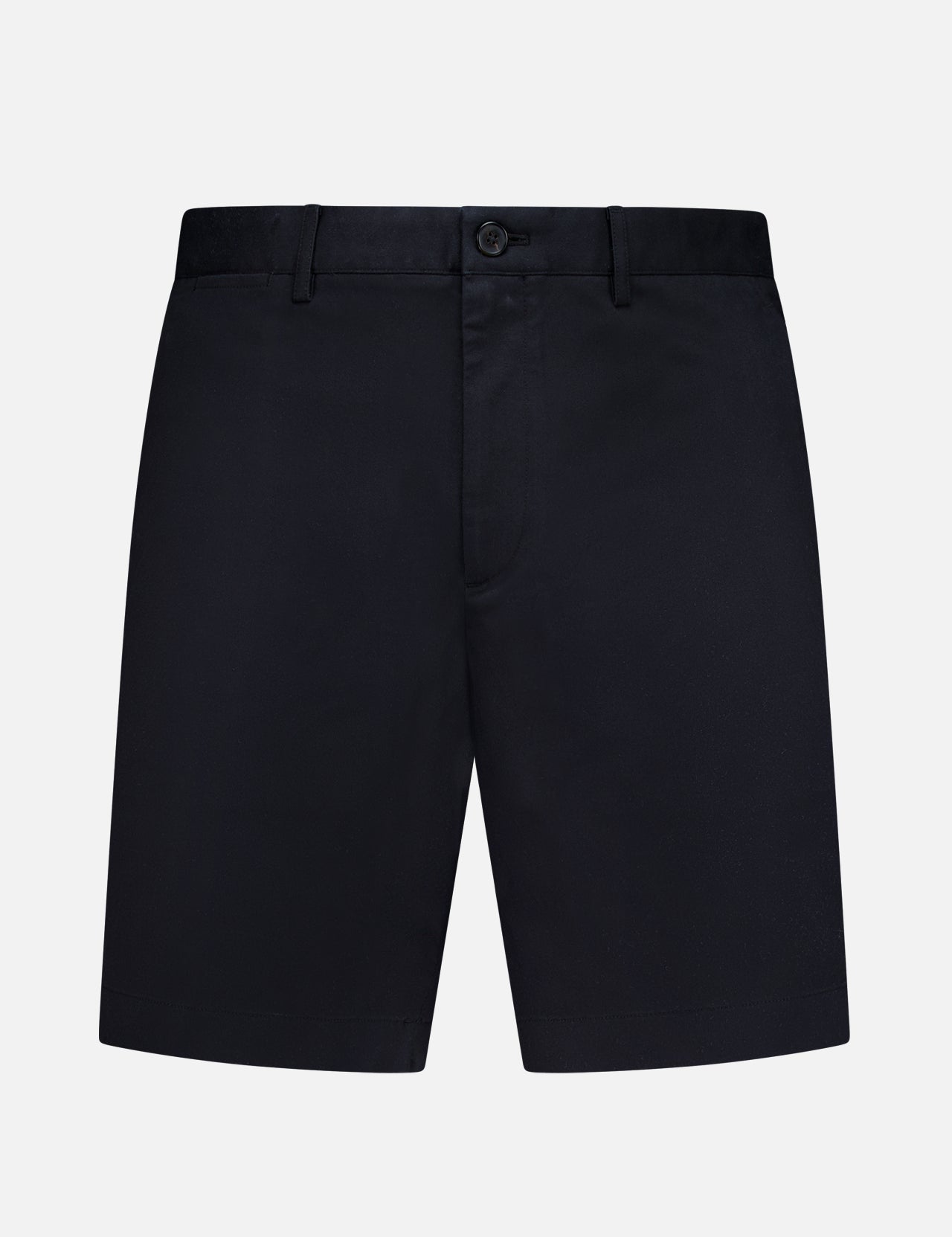 The THEORY Standard Chino Moons Shorts are tailored men’s shorts in plain black cotton twill with button and zip closure, belt loops, and side pockets, shown against a white background.