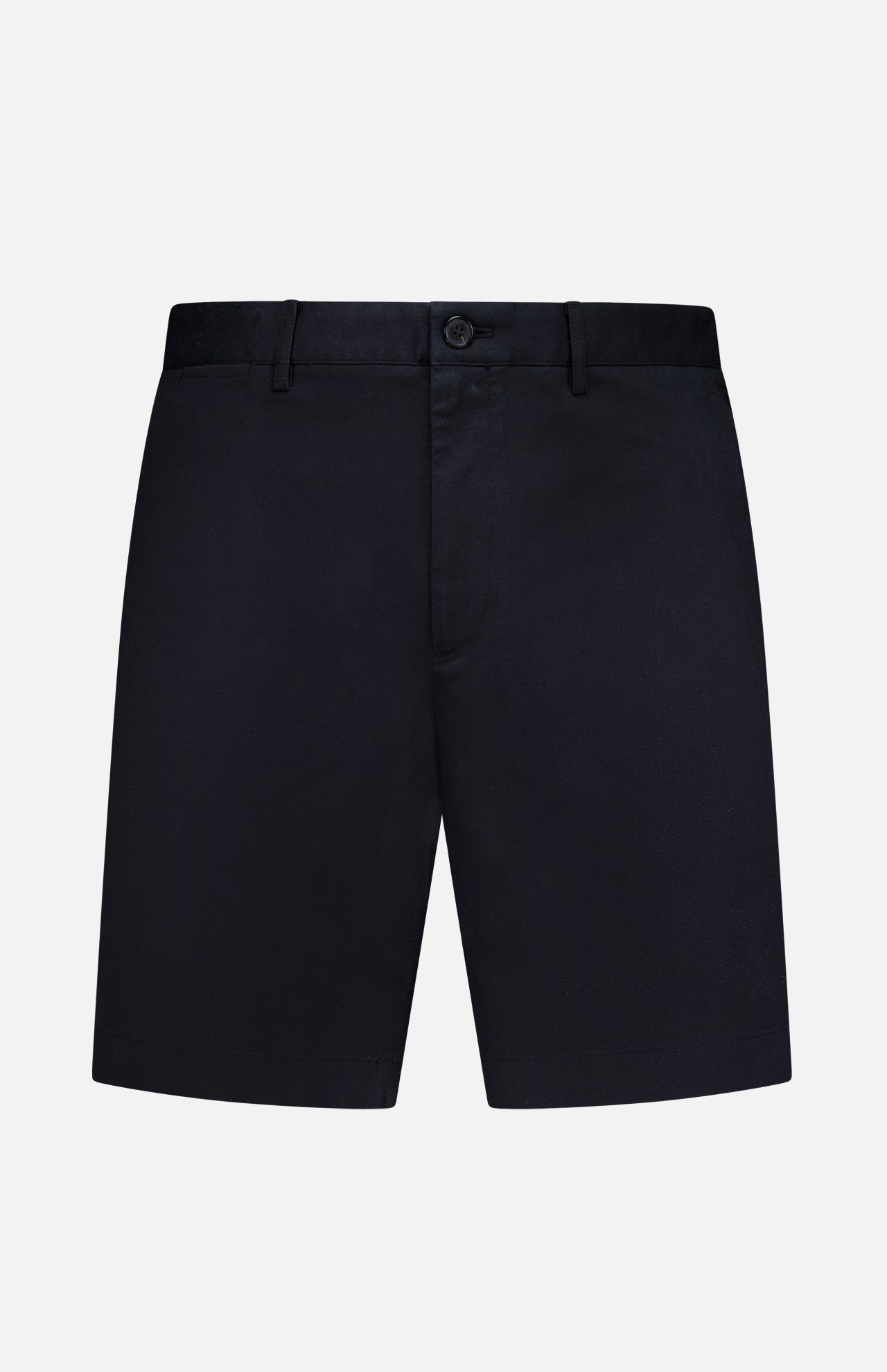 The THEORY Standard Chino Moons Shorts are tailored men’s shorts in plain black cotton twill with button and zip closure, belt loops, and side pockets, shown against a white background.