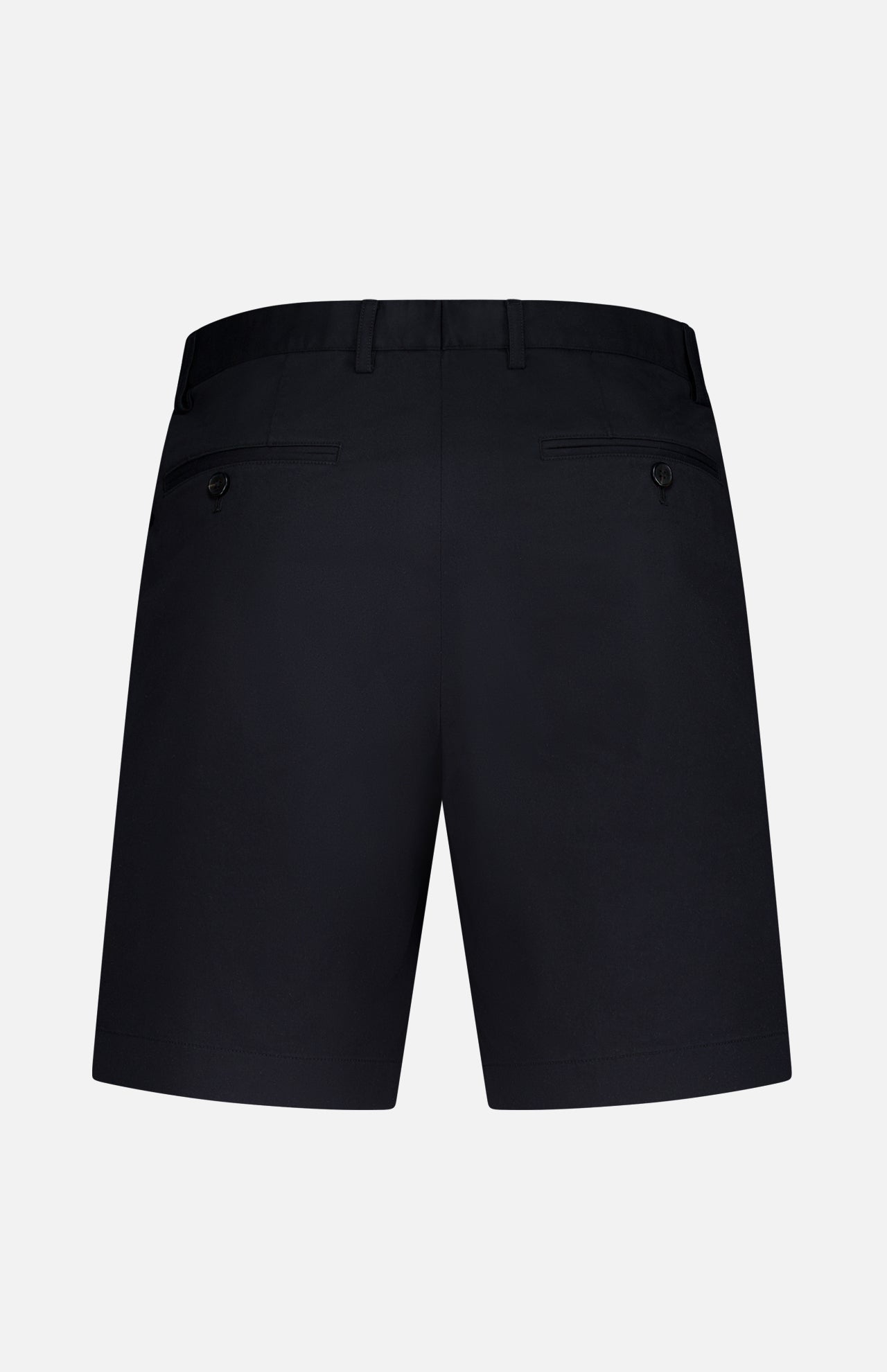 Back view of THEORY Standard Chino Moons Shorts for men in black cotton twill, featuring belt loops, a flat waistband, and two buttoned back pockets, displayed against a plain white background.