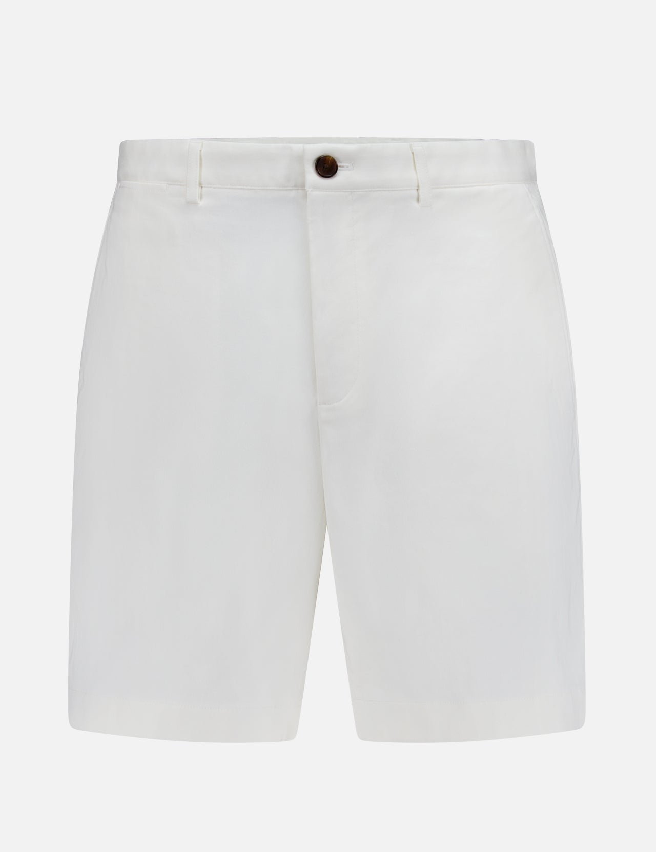 THEORY’s Standard Chino Moons Shorts—white cotton twill with button and zip closure, side pockets, and belt loops—feature a clean, minimal design and are shown on a plain white background.
