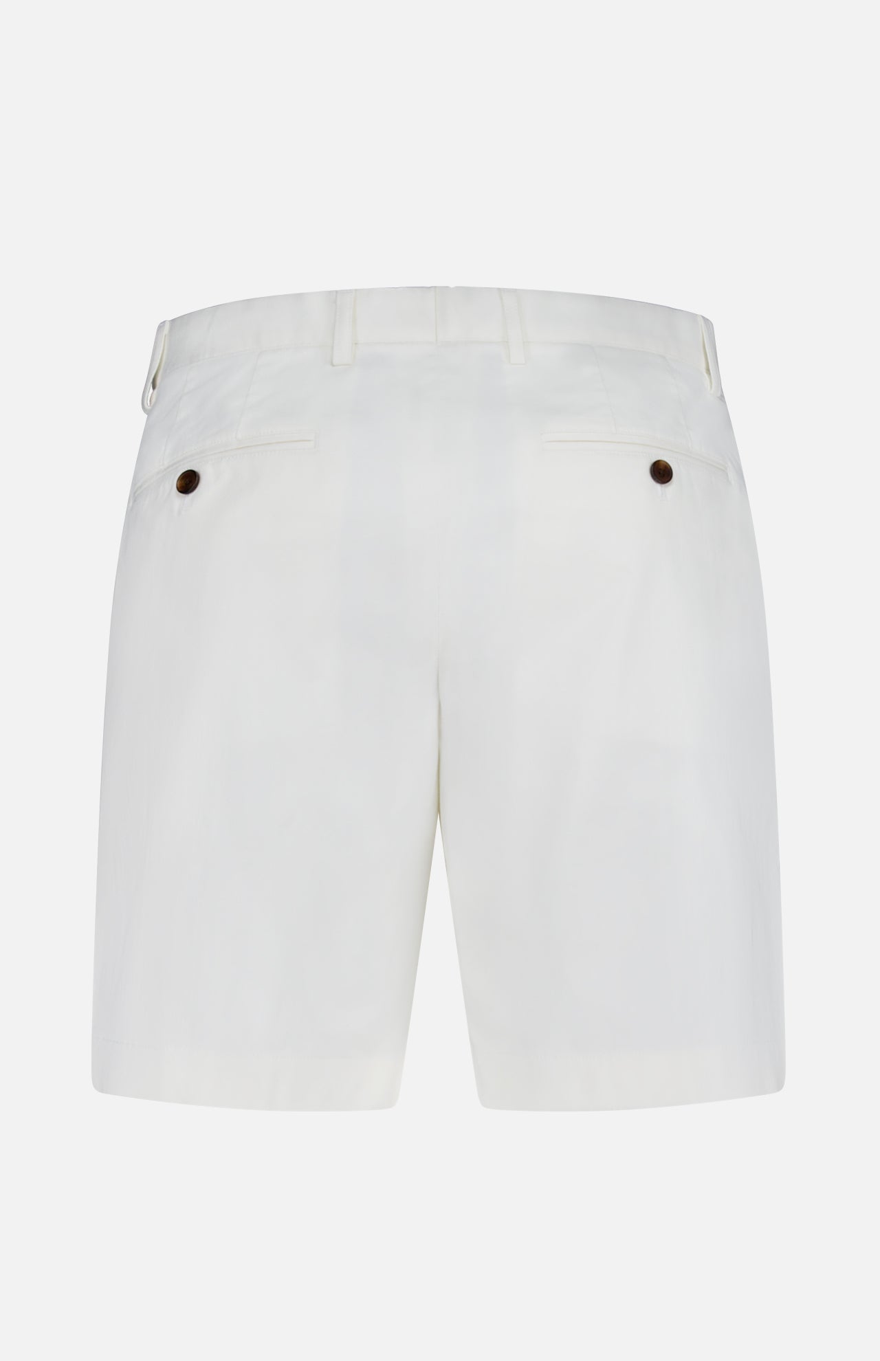 Back view of THEORY’s Standard Chino Moons Shorts in white cotton twill, featuring belt loops, two back welt pockets with dark buttons, and a clean, minimal design.