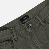 Close-up of the Standard 5-Pocket Jeans in olive green stretch-cotton denim, featuring a waistband, classic five-pocket design with front pockets, belt loops, button closure, and a black THEORY label sewn on the inside.