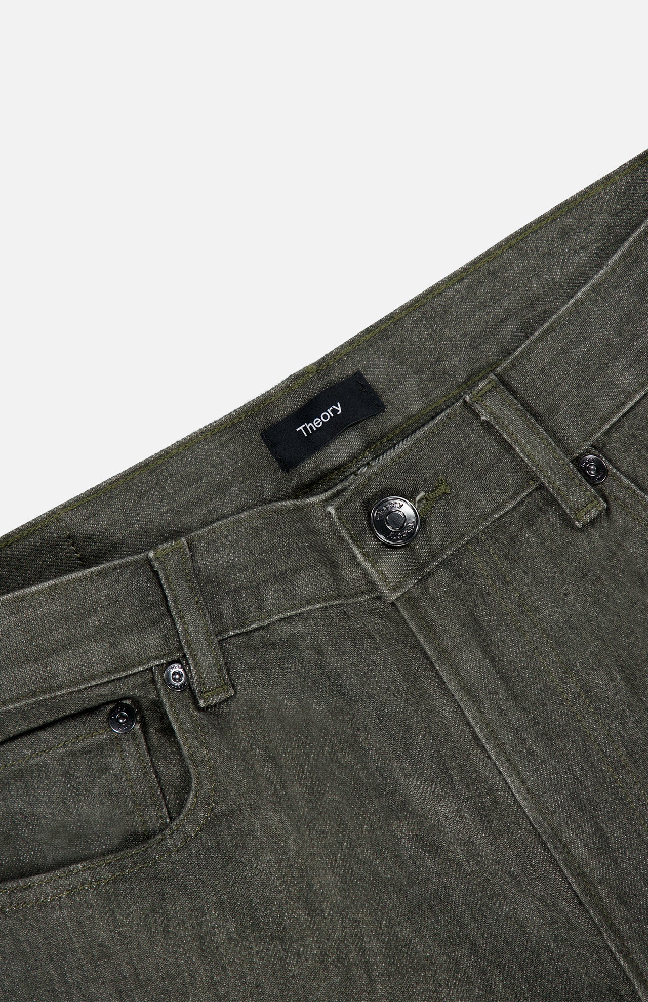 Close-up of the Standard 5-Pocket Jeans in olive green stretch-cotton denim, featuring a waistband, classic five-pocket design with front pockets, belt loops, button closure, and a black THEORY label sewn on the inside.