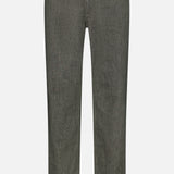 A pair of THEORY Standard 5-Pocket Jeans in olive green, crafted from stretch-cotton denim with a straight-leg silhouette. These jeans feature a classic 5-pocket design, button and zipper closure, belt loops, and both front and back pockets, displayed against a white background.