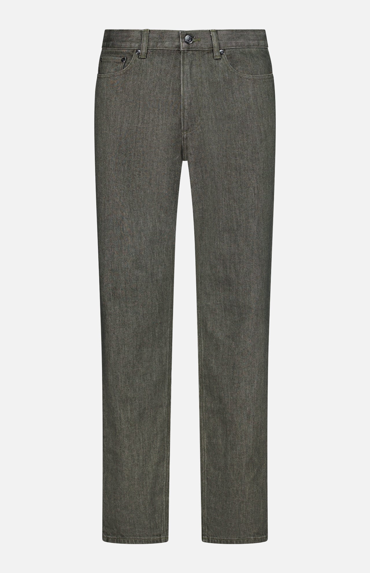 A pair of THEORY Standard 5-Pocket Jeans in olive green, crafted from stretch-cotton denim with a straight-leg silhouette. These jeans feature a classic 5-pocket design, button and zipper closure, belt loops, and both front and back pockets, displayed against a white background.