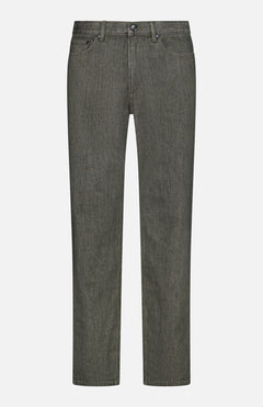 A pair of THEORY Standard 5-Pocket Jeans in olive green, crafted from stretch-cotton denim with a straight-leg silhouette. These jeans feature a classic 5-pocket design, button and zipper closure, belt loops, and both front and back pockets, displayed against a white background.