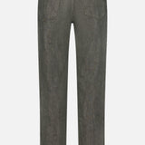 Back view of the THEORY Standard 5-Pocket Jeans in gray stretch-cotton denim, featuring two rear pockets, belt loops, and a rectangular dark patch on the waistband. These jeans have a straight-leg cut, classic 5-pocket design, and no visible embellishments.
