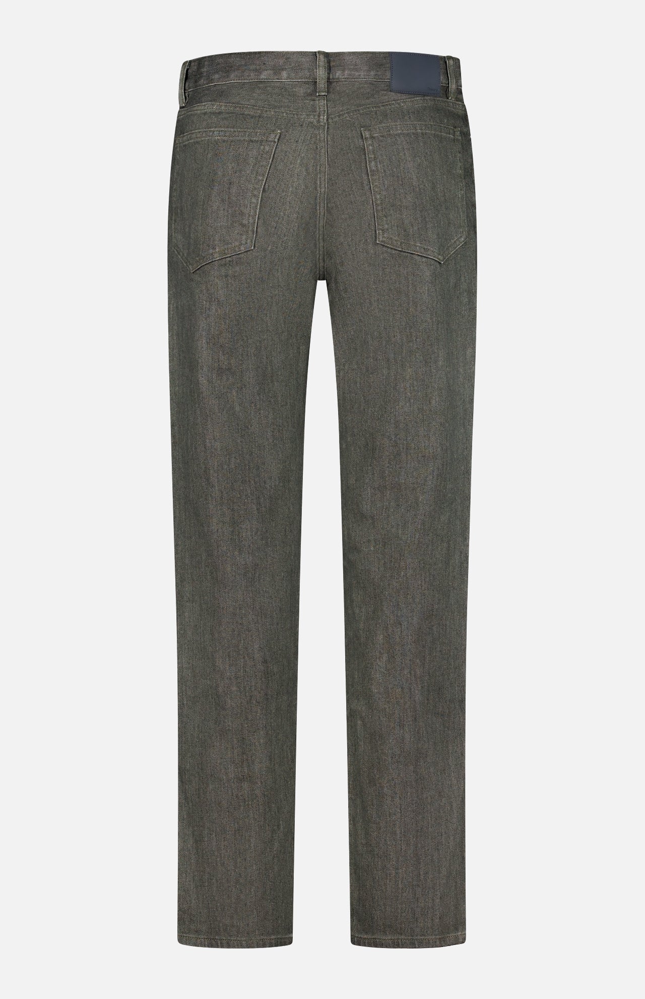 Back view of the THEORY Standard 5-Pocket Jeans in gray stretch-cotton denim, featuring two rear pockets, belt loops, and a rectangular dark patch on the waistband. These jeans have a straight-leg cut, classic 5-pocket design, and no visible embellishments.