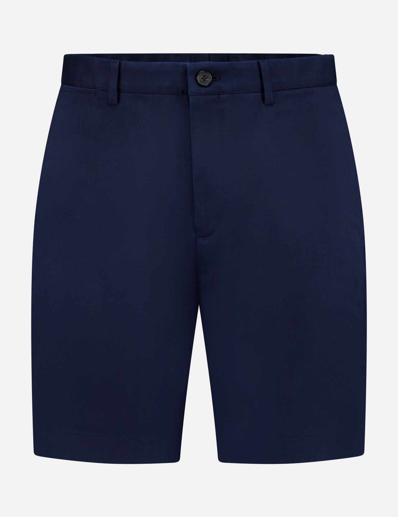 The RAG & BONE Standard Moons Shorts are navy blue men's cotton shorts with stretch, tailored fit, belt loops, front button and zip closure, shown against a white background.