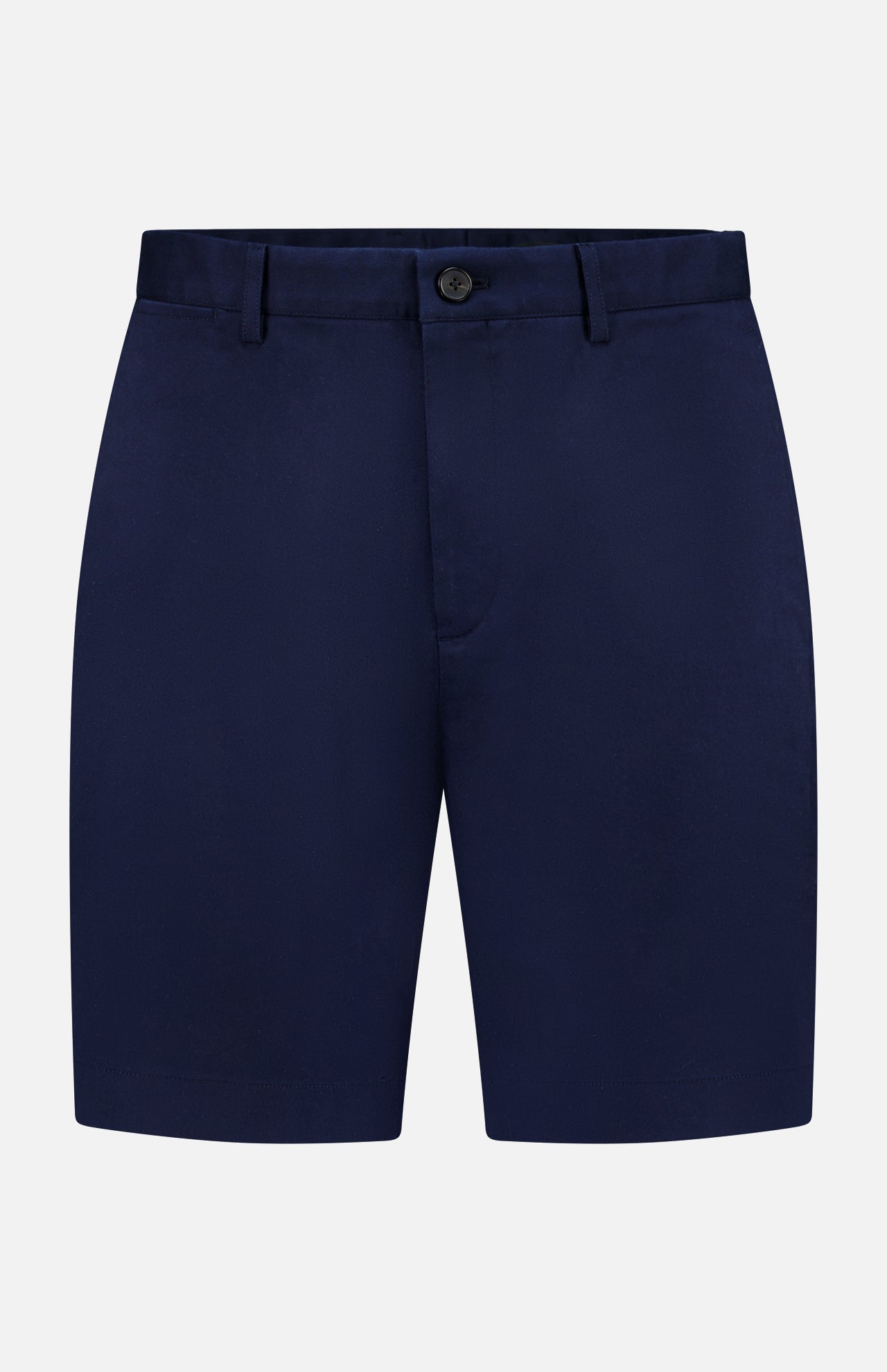 The RAG & BONE Standard Moons Shorts are navy blue men's cotton shorts with stretch, tailored fit, belt loops, front button and zip closure, shown against a white background.